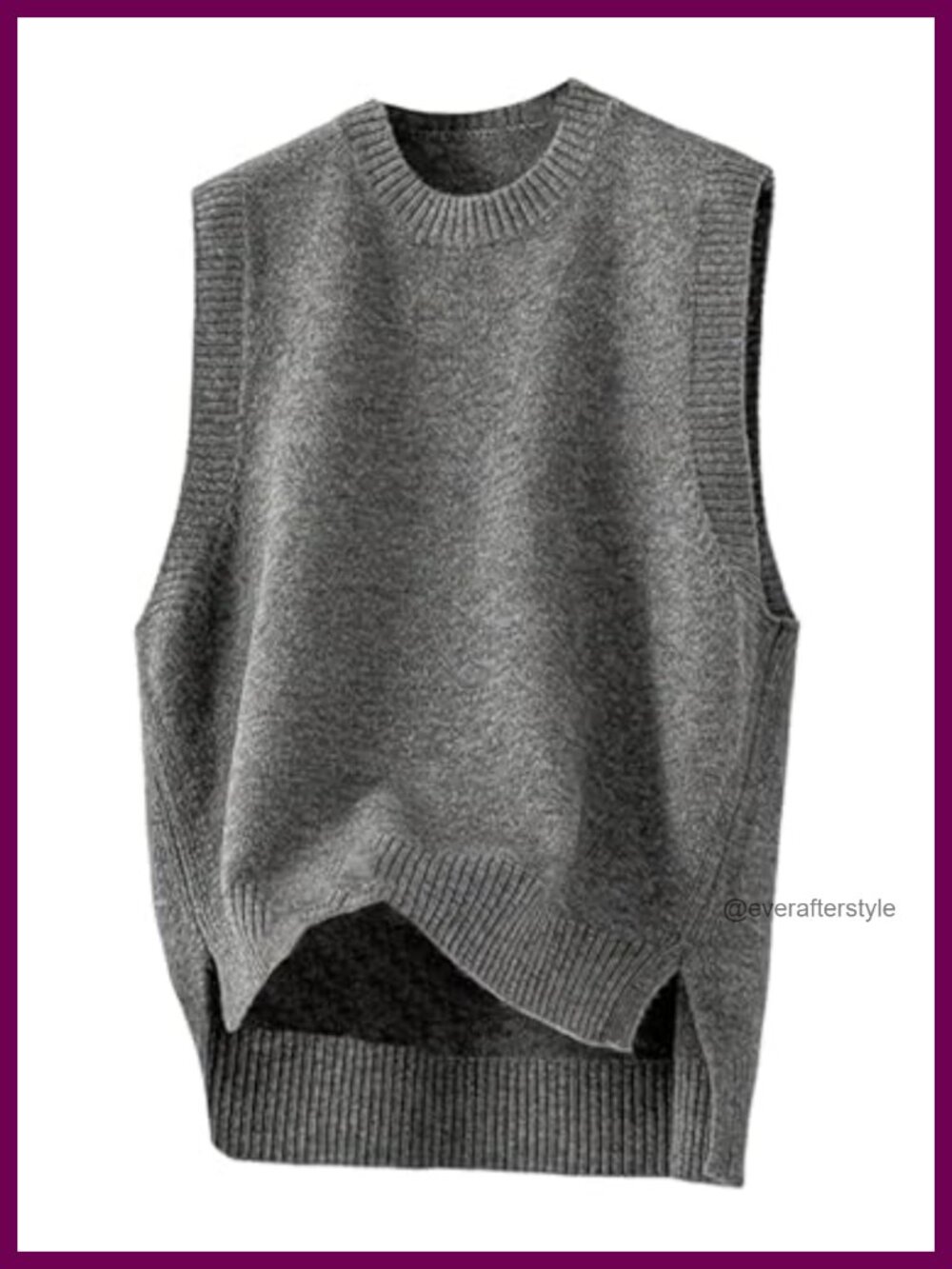 Sleeveless Knit Sweater Vest Crew Neck Side Slit Ribbed Hem